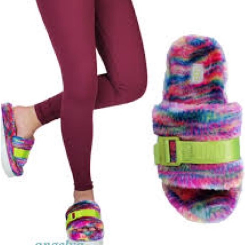 UGG Fluffy Rainbow Slippers‎ with Green Strap, Colorful Slides,pixelate platform